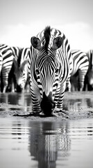 Fototapeta na wymiar Intricate Beauty of Zebra Herd in High Contrast Monochrome - A Striped Symphony of Survival in Savannah