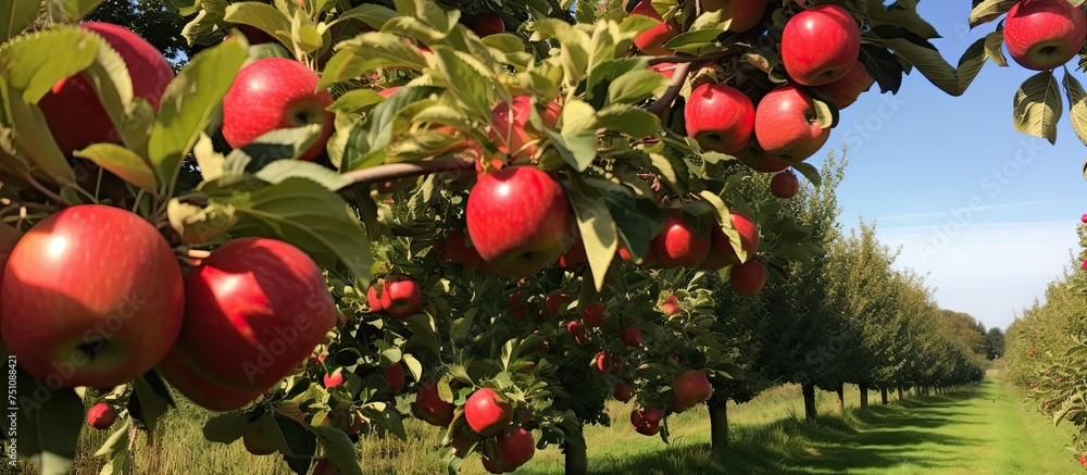 Poster a row of ripe red apples is hanging from a tree in a vibrant orchard setting. the apples are ready f