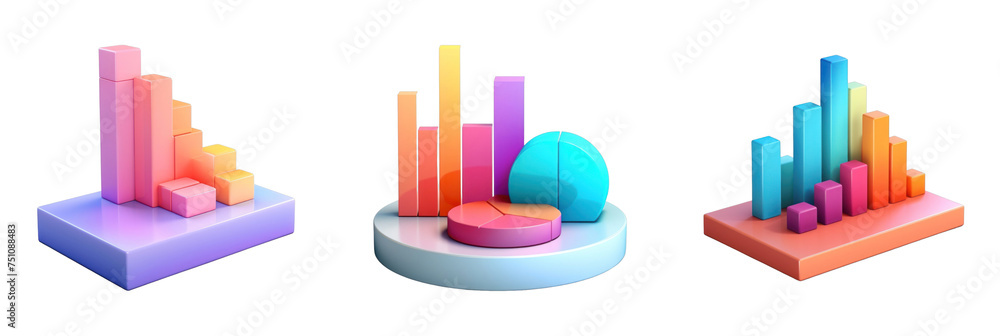 Poster a vibrant 3d icon set featuring colorful charts and graphs for data visualization and analytics. per