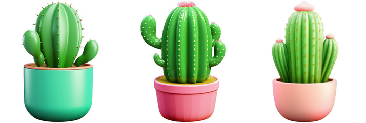 A vibrant 3D cactus icon set, perfect for nature-themed designs, decorations, and eco-friendly projects.