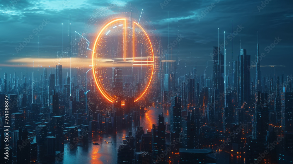 Poster a holographic pie chart hovering above a futuristic cityscape. the chart is divided into five slices
