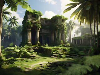 Obraz premium Ancient ruins peeking through lush jungle foliage