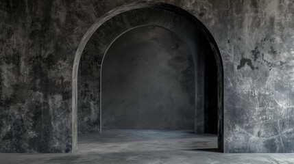 an empty, black stone room, with an archway, in the style of minimalistic composition, densely textured or haptic surface, plaster