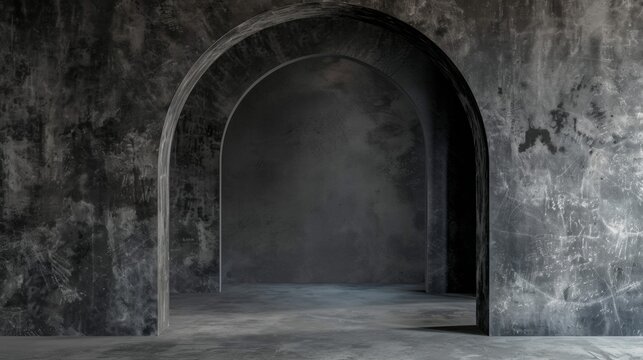 Naklejki an empty, black stone room, with an archway, in the style of minimalistic composition, densely textured or haptic surface, plaster