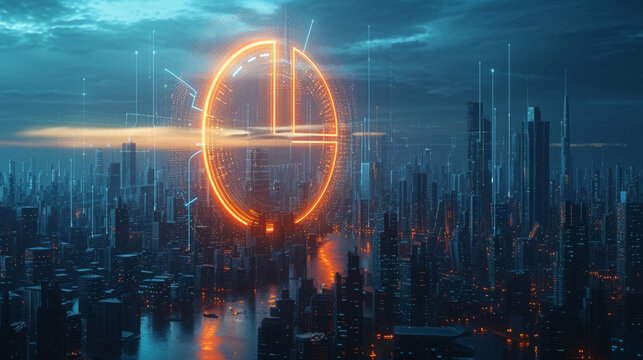 A holographic pie chart hovering above a futuristic cityscape. The chart is divided into five slices each representing a different component of credit score breakdown. The