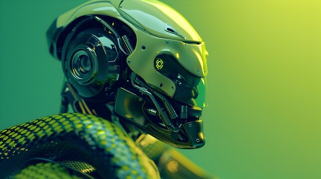Green and Yellow Photorealistic Robot with Snake in the Background