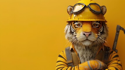 Tiger Mechanic in Hard Hat and Goggles on Yellow Background