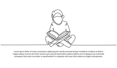 Vector illustration of of a little boy reading the Al-Qur'an. Modern flat in continuous line style.