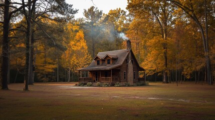 A secluded cabin in the woods surrounded by trees in their autumn colors, smoke rising from the chimney, creating a cozy autumn retreat.