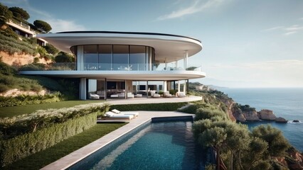 Describe the breathtaking view as you approach the modern villa, surrounded by lush Italian landscapes and the glittering Mediterranean in the distance