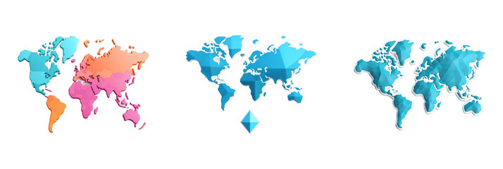 A vibrant 3D icon set featuring world maps in various styles, perfect for travel, geography, and global events.