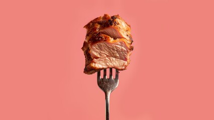 pink background, fork holding up juicy pork roast - obrazy, fototapety, plakaty