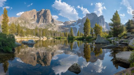 A secluded mountain lake reflecting the towering peaks, all beneath a clear, expansive blue sky.