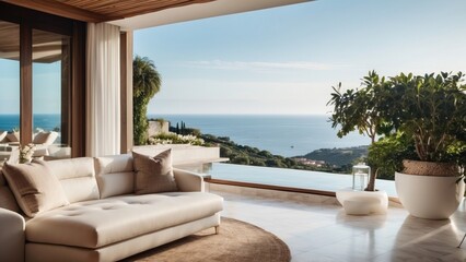 Describe the breathtaking view as you approach the modern villa, surrounded by lush Italian landscapes and the glittering Mediterranean in the distance