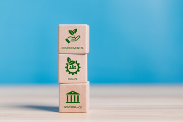 ESG environmental, social and governance. Wood block with ESG icons for world sustainable environment concept.
