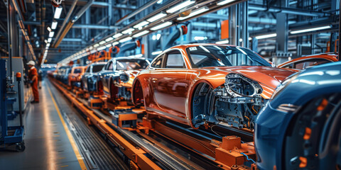 cars being worked on inside a factory plant,automatic Mass production assembly line of modern cars