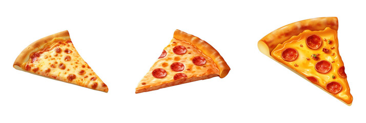 A vibrant 3D icon set featuring delicious pizza slices, perfect for culinary themes, restaurant menus, and food delivery apps.