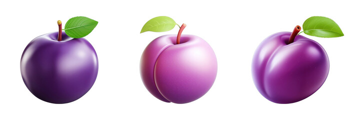 A vibrant 3D icon set featuring glossy plums in purple and pink with leaves, ideal for food-related themes and events.