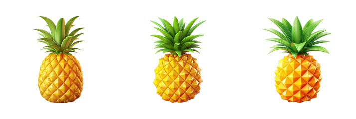 Fototapeta premium A vibrant 3D icon set of pineapples with a transparent background, perfect for summer and tropical-themed designs.