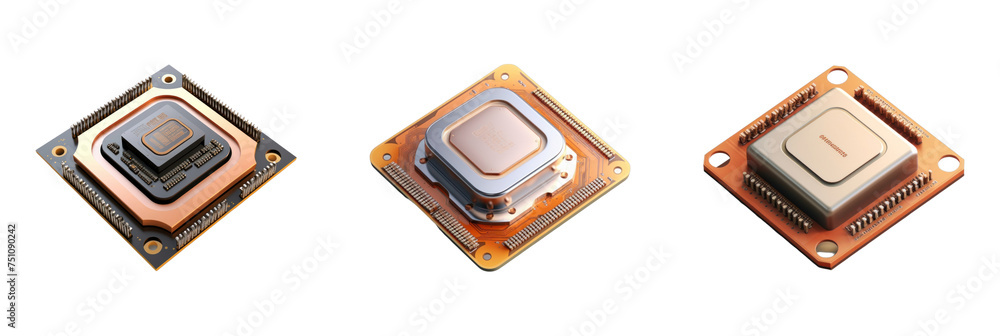 Poster a 3d icon set featuring various processors and chips, perfect for technology-themed graphics and dig