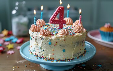 Birthday cake with number 4 candle and colorful sprinkles on a blue plate, with blurred background.