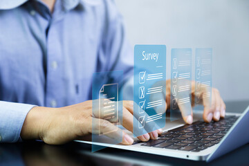 online survey concept, Satisfaction survey . Data management Online survey data analysis. Exploring online ideas in the age of virtual reality Project approval business..