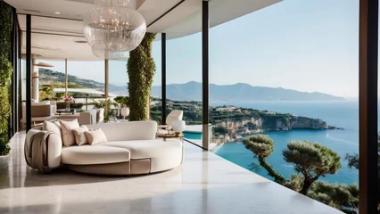 Tuinposter Describe the breathtaking view as you approach the modern villa, surrounded by lush Italian landscapes and the glittering Mediterranean in the distance © Damian Sobczyk