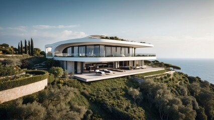 Describe the breathtaking view as you approach the modern villa, surrounded by lush Italian landscapes and the glittering Mediterranean in the distance