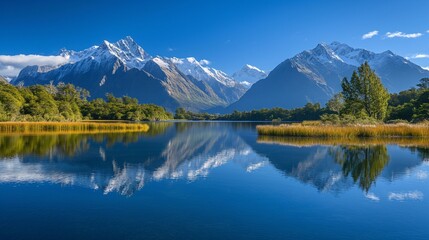 A secluded mountain lake mirroring the towering peaks, all under a vast expanse of clear, blue sky. - obrazy, fototapety, plakaty