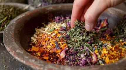 A bowl filled with dried herbs and flowers with a hand reaching in to mix them together. The caption reads homemade herbal blends for teas tinctures and bath salts.