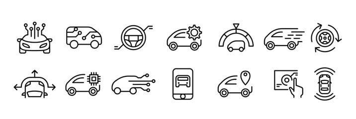 Smart car icons set in thin line style. Vector illustration.