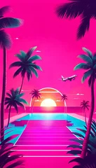 Fototapete Rund Neon pink retro vacation illustration with palm trees.  © Elle Arden 