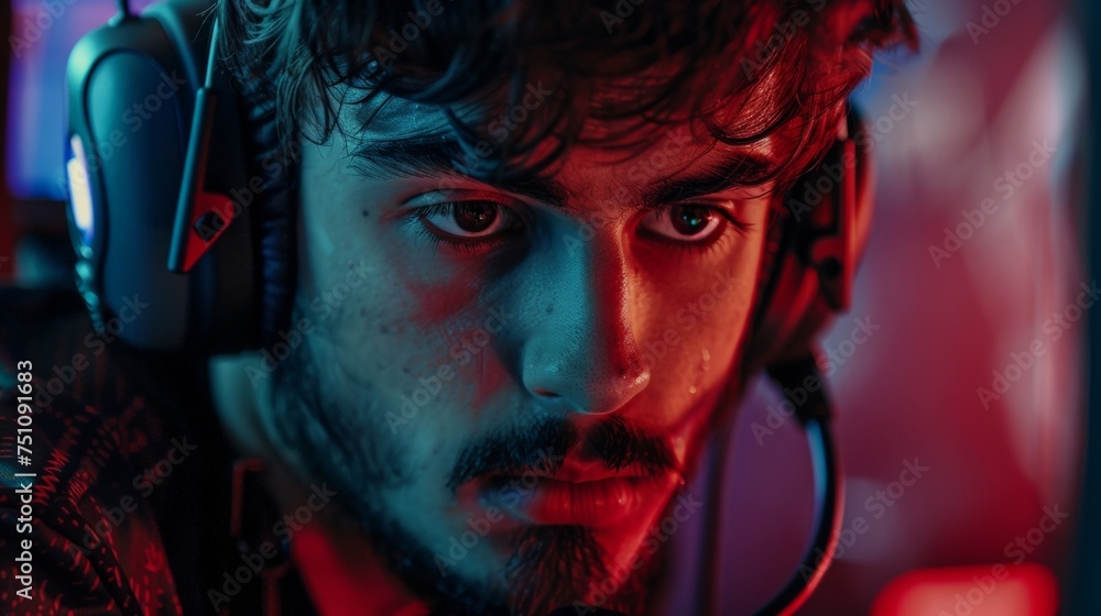 Poster a closeup of a players sweatdrenched brow as they concentrate intently on the screen. the intense ga