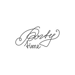 Party time logo inscription, continuous line drawing, hand lettering, print for clothes, t-shirt, emblem or logo design, one single line on a white background. Isolated vector illustration.