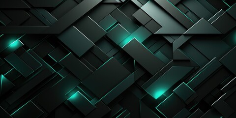 Abstract geometric background with dark 3D rectangles and glowing neon lights. - obrazy, fototapety, plakaty