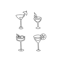 Cocktail glass set, beverage icons, summer tropical alcohol, restaurant, logo, element design, night club sign, continuous line drawing, neon, tattoo, single line on white background, isolated vector.