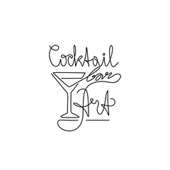 Cocktail Art Bar logo inscription, continuous line drawing, hand lettering, print for clothes, t-shirt, emblem, logo design, one single line on white background. Isolated vector illustration.
