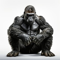 Fototapeta na wymiar Intimidating silverback gorilla sitting against a white background, showcasing its muscular build and dominant presence.