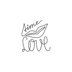 Time Love, inscription, continuous line drawing, hand lettering, print for clothes, t-shirt, emblem or logo design, one single line on a white background. Isolated vector illustration.
