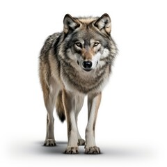 Majestic gray wolf standing isolated on white background, looking at camera with intense gaze.