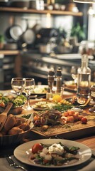 A table in a restaurant with a variety of food dishes arranged for a photoshoot in the style of bokeh with an open kitchen counter and cluttered plates giving a sense of high-end and luxurious dining 