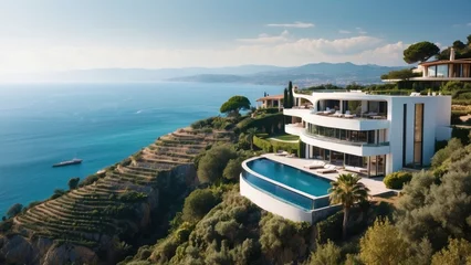Gardinen Describe the breathtaking view as you approach the modern villa, surrounded by lush Italian landscapes and the glittering Mediterranean in the distance © Damian Sobczyk