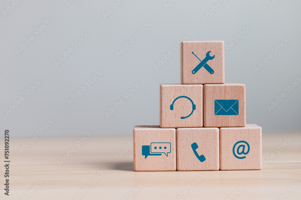 Poster technical support customer service concept. wooden block with support customer icon for customer sup