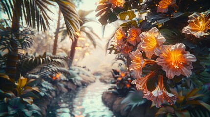 wide angle shot, in the jungle, stream running through, detailed, editorial photography, phosphorescent flowers, ethereal glow through the treetops; neoncore, cinematic