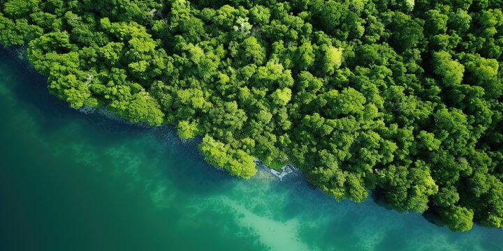 Aerial top view of mangrove forest. Drone view of dense green mangrove trees captures CO2. Green trees background for carbon neutrality and net zero emissions concept. © Coosh448