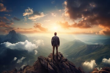 The entrepreneur is standing on the mountain top. Look at the beautiful scenery inspiration An entrepreneur who never stops Dream of success and inspire others. 