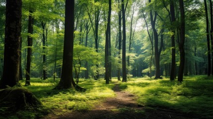 forest is lush, green and full of large trees. It means shady. and abundance - obrazy, fototapety, plakaty