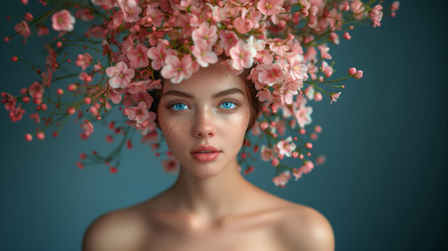 Natural beauty beautiful woman with a wreath on her head and a bouquet of cherry branches in the studio enjoying the blooming spring nature