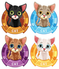 Four cute illustrated kittens with colorful badges