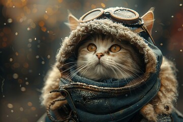 A suave and debonair cat poses in a hoody suit, exuding intelligence and charm in its captivating portrait style. - obrazy, fototapety, plakaty